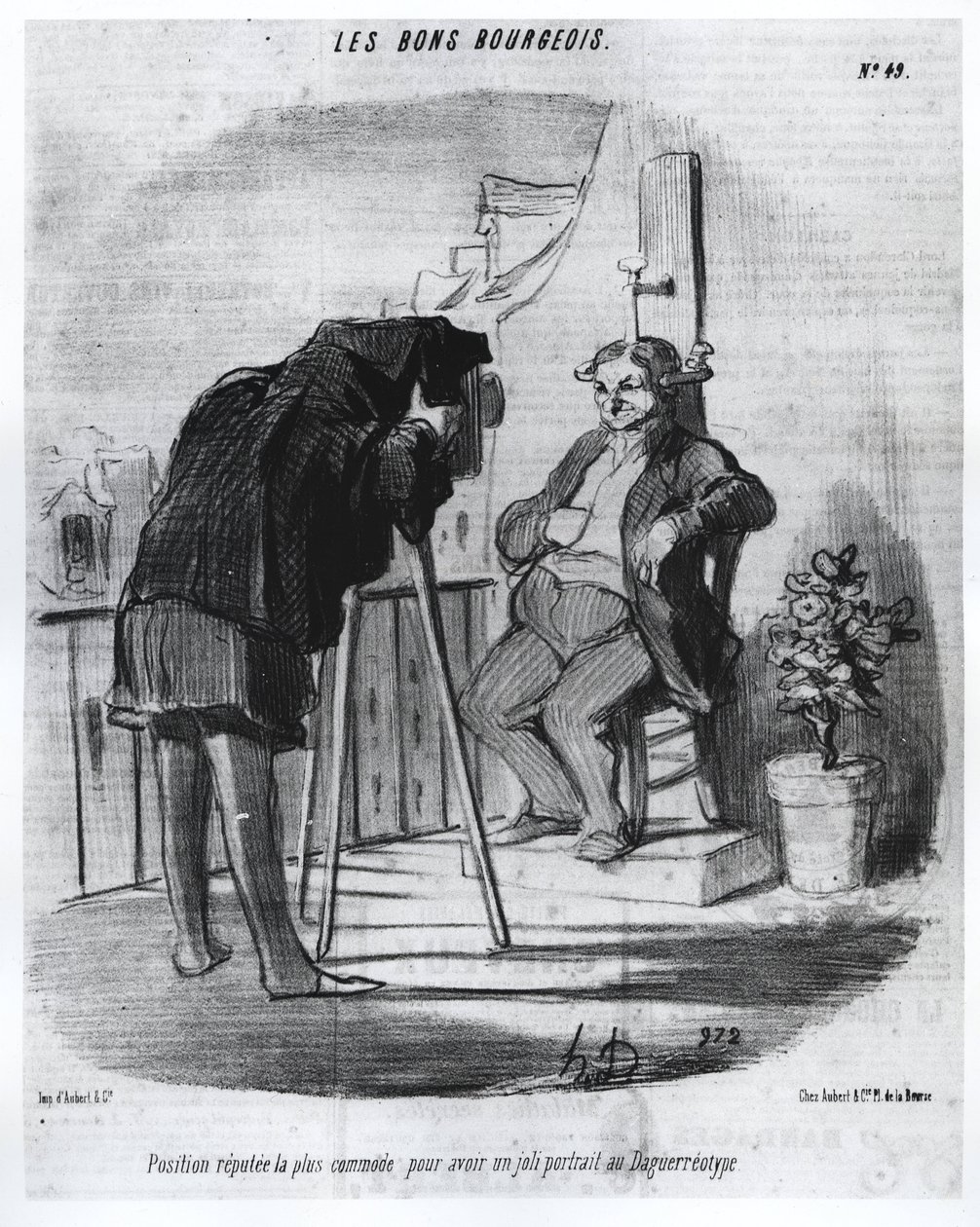 Die guten Bürger - Die bequemste Position für ein schönes Porträt im Daguerreotyp, Karikatur von Daumier - in „Charivari“ vom 24.07.1847 von Honoré Daumier