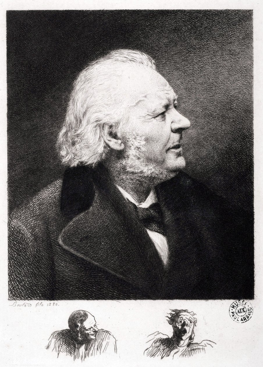 Porträt von Honore Daumier (1808-1879), französischer Graveur, Maler und Bildhauer. Gravur von Sohn Boulard von Honoré Daumier
