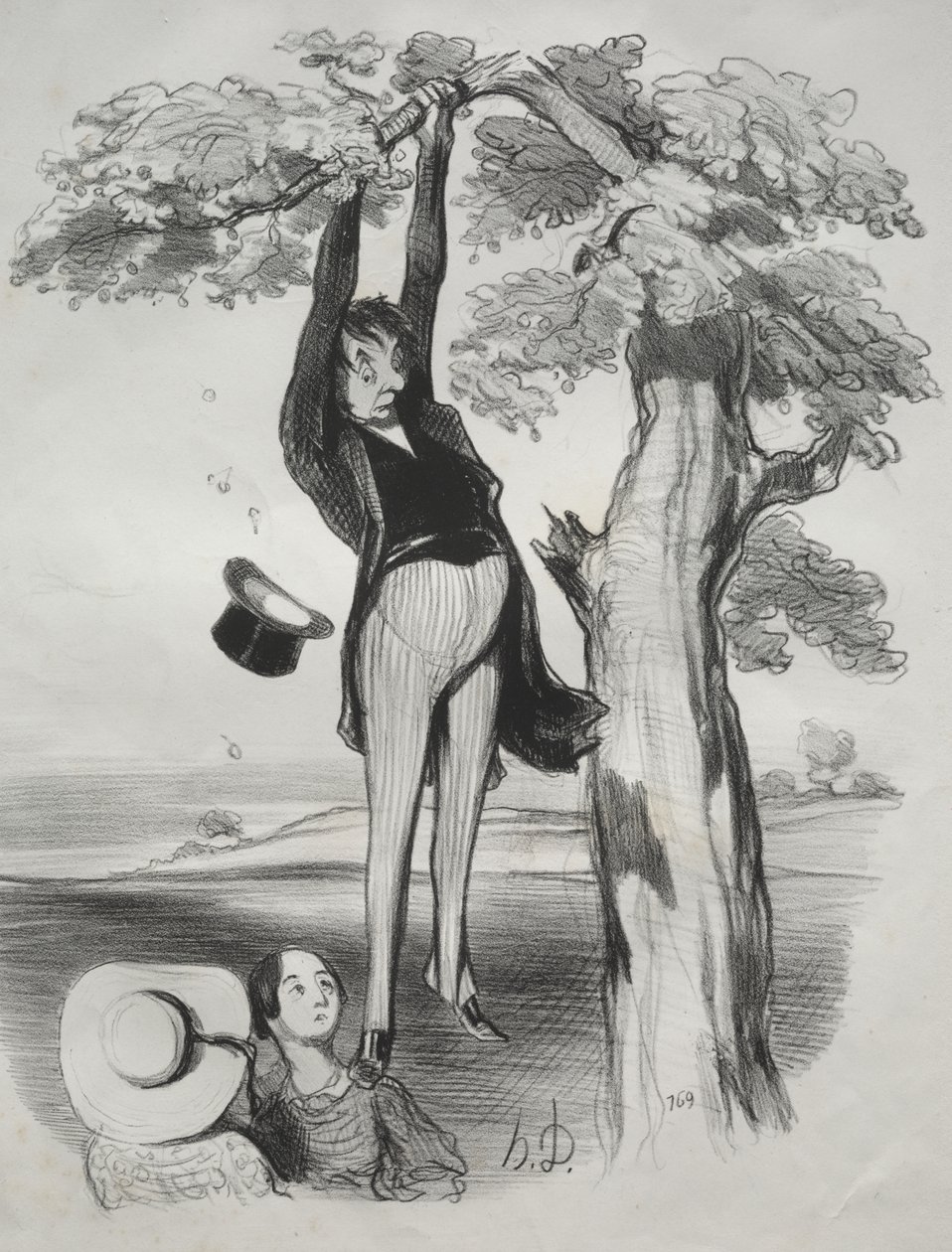 Die Gefahren, einen Pflaumenbaum zu heftig zu schütteln (wenn man ein erwachsener Mann ist) von Honoré Daumier