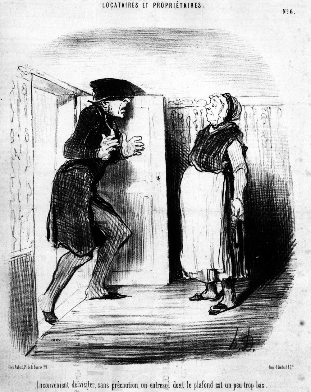 Unbequem zu besuchen, ohne Vorsicht, ein Zwischengeschoss, dessen Decke etwas zu niedrig ist, aus Mieter und Eigentümer, Karikaturenserie von Honoré Daumier (1808-1879). Charivari von Honoré Daumier