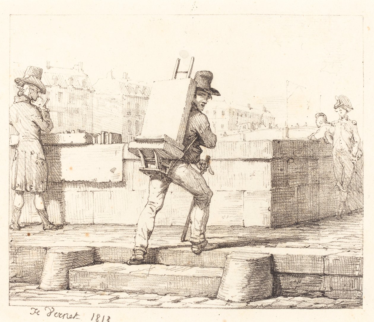 Künstler trägt Staffelei mit einem Lithografiestein von Emile Jean Horace Vernet