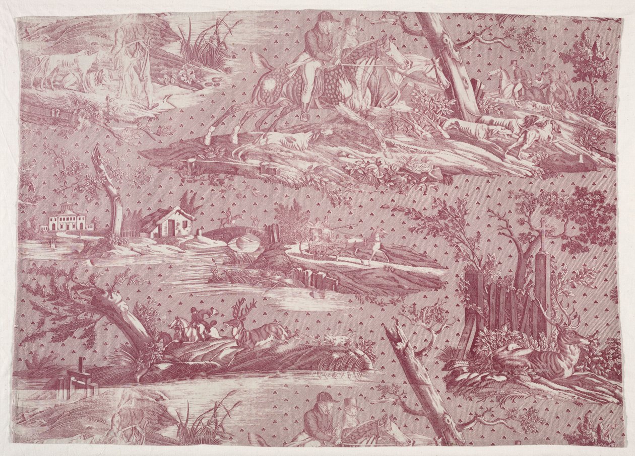 Fragment eines Kupferstichbedruckten Baumwollstoffs mit Jagdszenen-Design von Horace Vernet