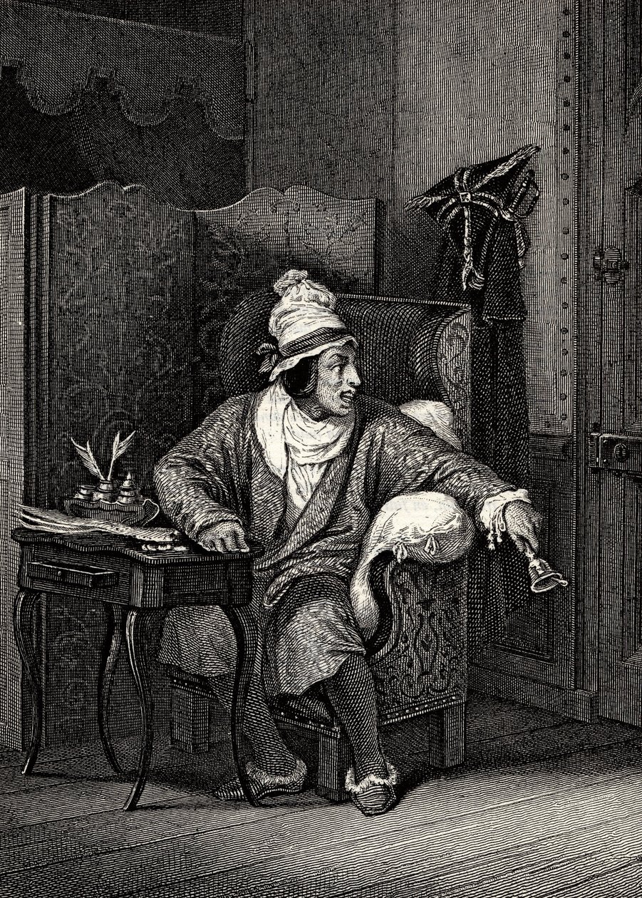 Szene aus Der eingebildete Kranke von Molière, von Horace Vernet, Gravur - Der eingebildete Kranke von Jean-Baptiste Poquelin, genannt Molière (1622-1673) von Emile Jean Horace Vernet
