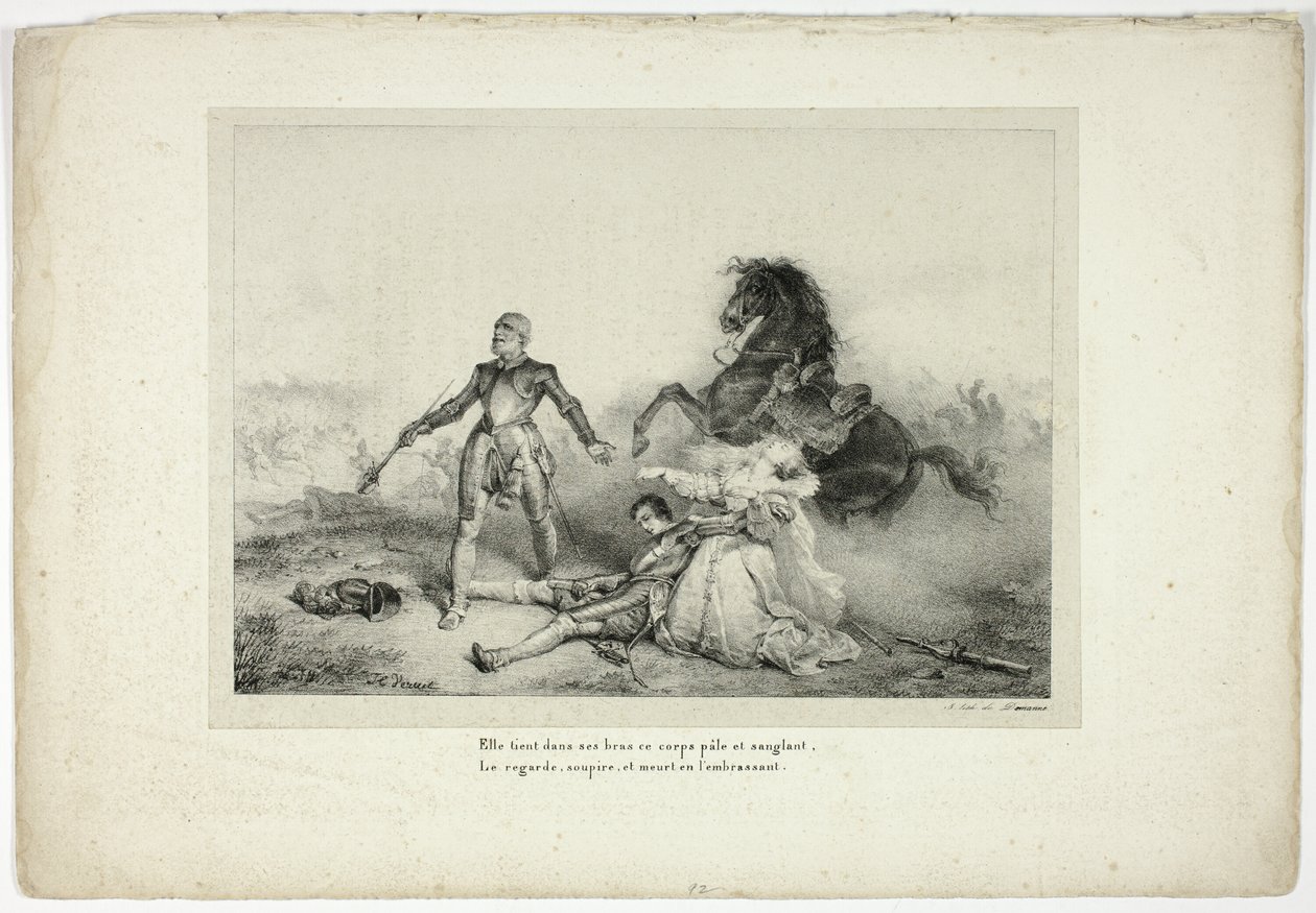 Sie hielt in ihren Armen die Leiche, blass und blutig... von Emile Jean Horace Vernet