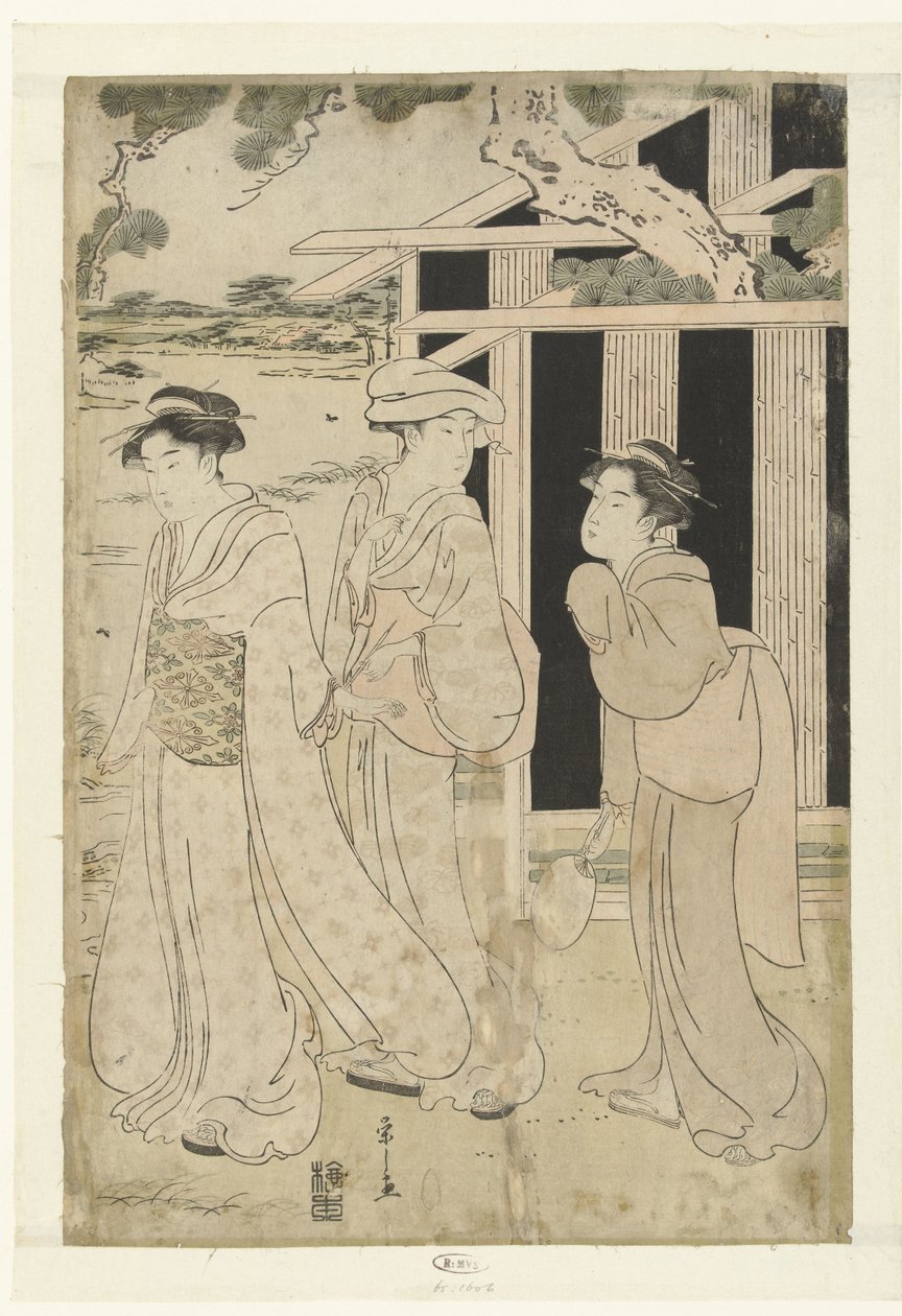Drei Frauen, die am See spazieren gehen von Hosoda Eishi