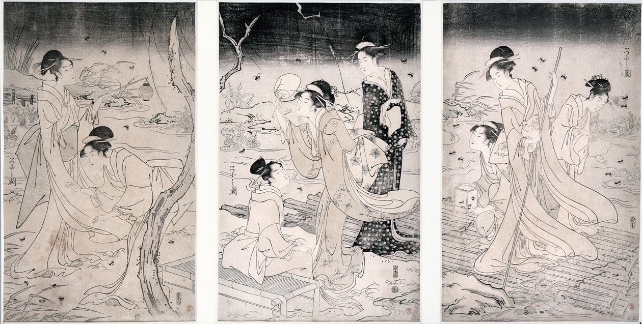 Jagd auf Glühwürmchen bei Einbruch der Dunkelheit, 1796-97 von Hosoda Eishi