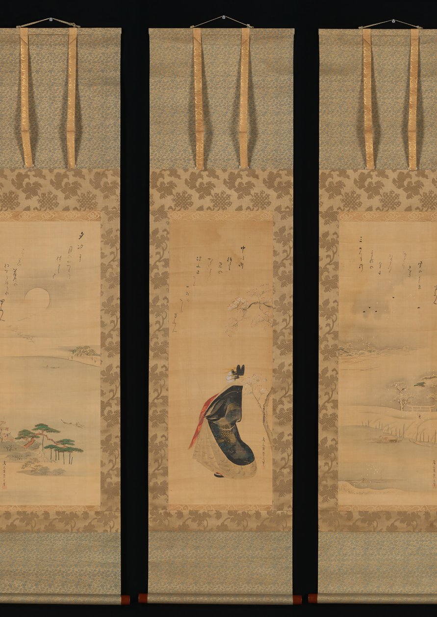 Schnee, Mond und Kirschblüten Yoshiwara in drei Jahreszeiten, frühes 19. Jahrhundert von Hosoda Eishi