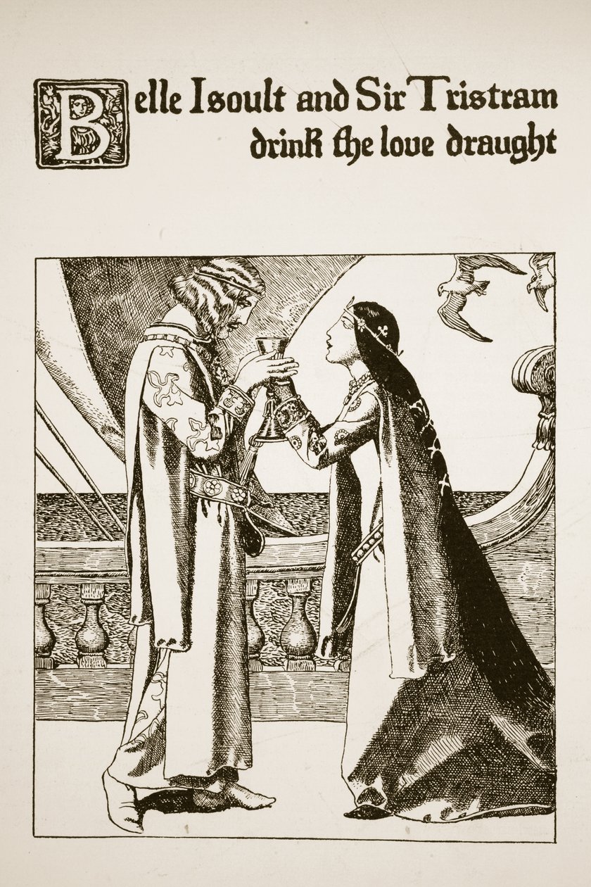 Belle Isoult und Sir Tristram trinken den Liebestrank, Illustration aus 