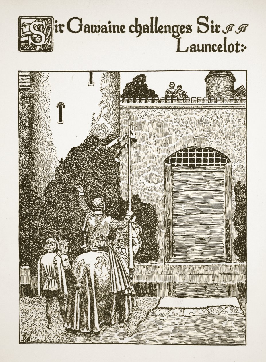Sir Gawaine fordert Sir Launcelot heraus, Illustration aus 