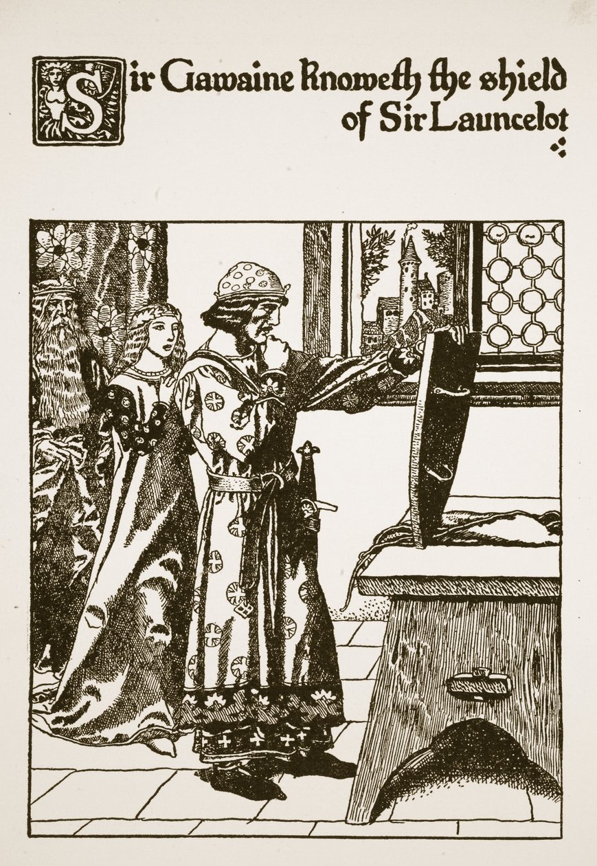 Sir Gawaine erkennt das Schild von Sir Launcelot, Illustration aus 