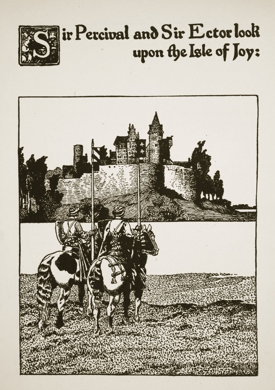 Sir Percival und Sir Ector betrachten die Insel der Freude, Illustration aus 