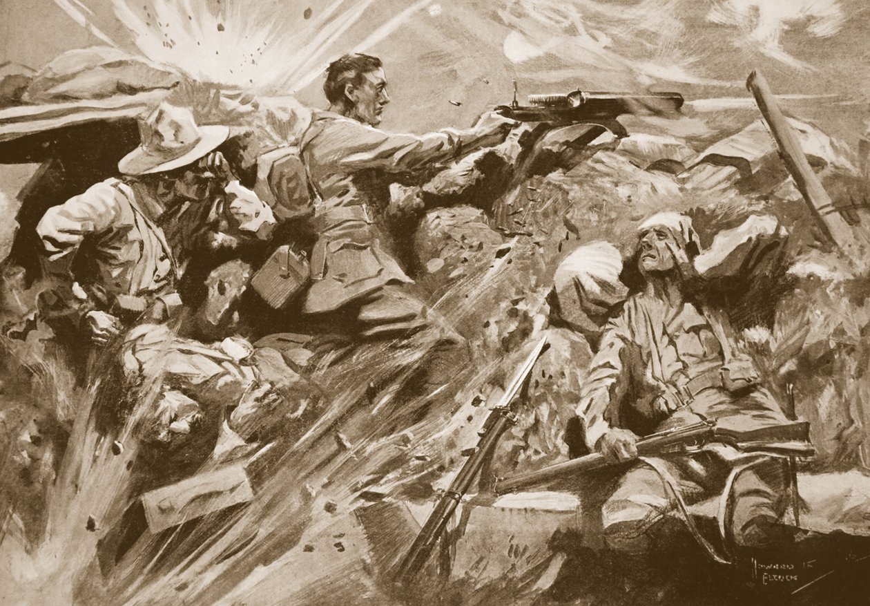 Private Cooke feuert weiterhin sein Maschinengewehr, nachdem jedes Mitglied des Waffenteams getötet oder verwundet wurde von Howard K. Elcock