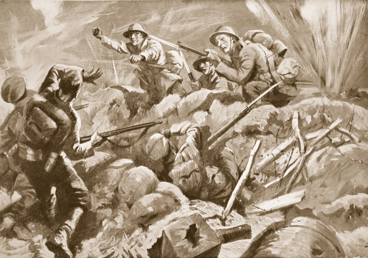 Der vorübergehende Zweite Leutnant T.E. Adlam führt trotz Verwundung seine Männer in einem kühnen Angriff, erobert die deutsche Stellung und tötet die Verteidiger von Howard K. Elcock