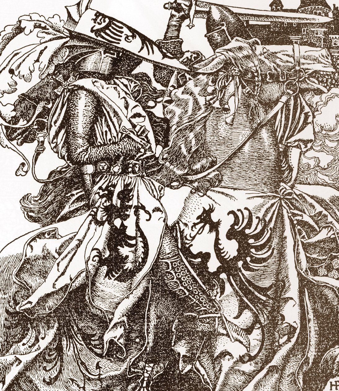 Artussage: Kay, Ritter der Tafelrunde, zerbricht sein Schwert bei einem Turnier (Illustration von Howard Pyle aus „Die Geschichte von König Artus und seinen Rittern“ 190) von Howard Pyle
