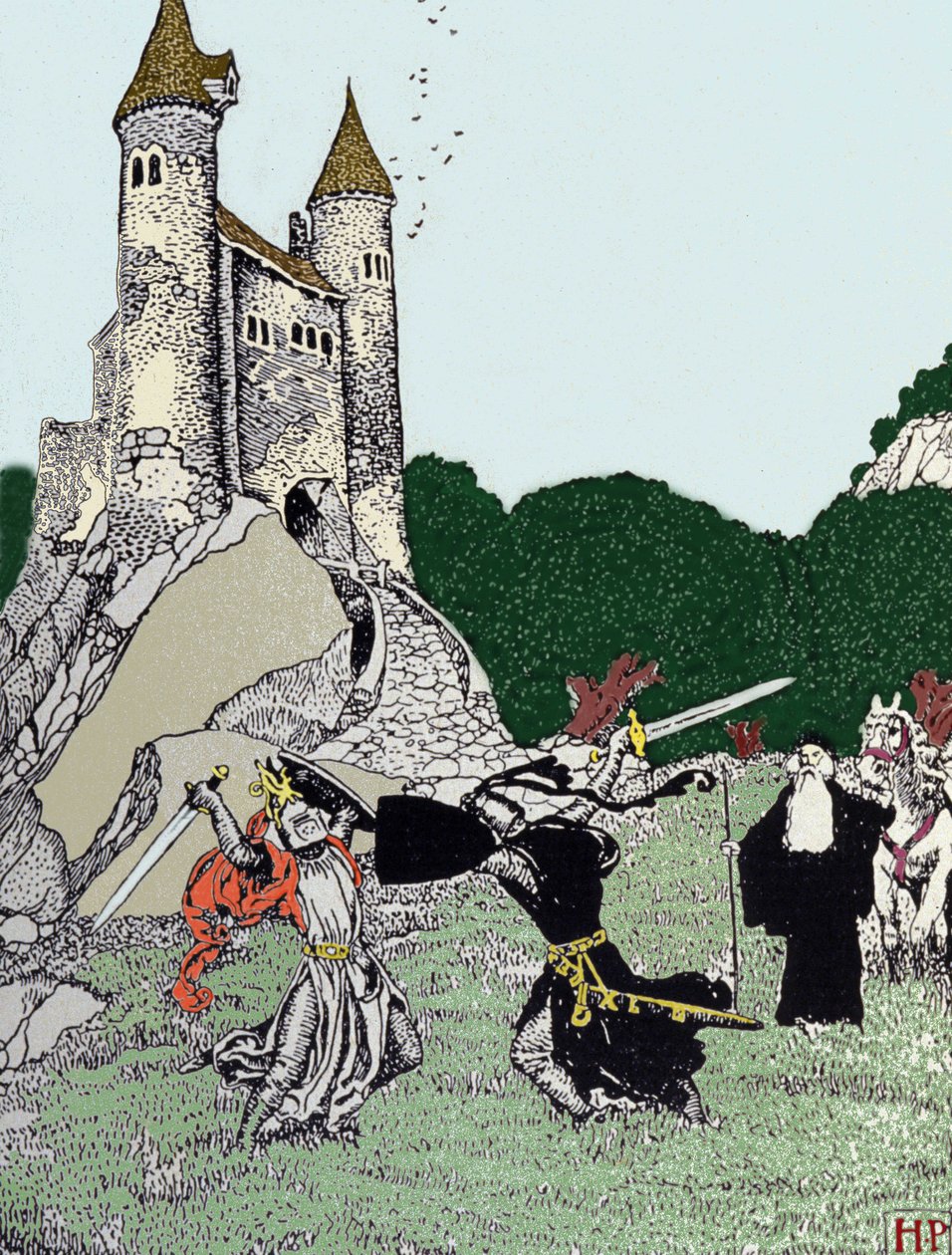 Kampf zwischen König Artus und dem schwarzen Ritter in Anwesenheit von Merlin dem Zauberer. Illustration von Howard Pyle (1853 - 1911), amerikanischer Illustrator von Howard Pyle