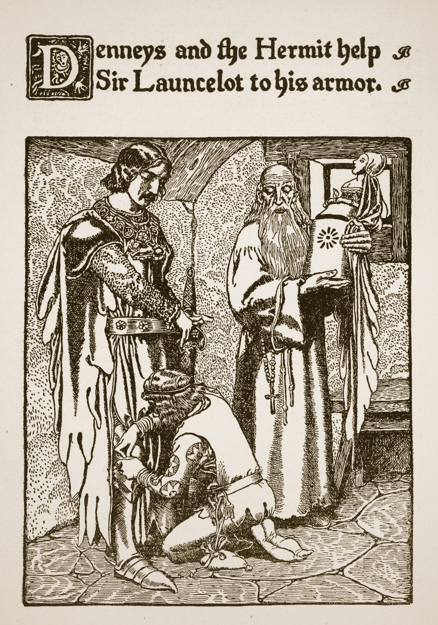 Denneys und der Einsiedler helfen Sir Launcelot bei seiner Rüstung, Illustration aus 