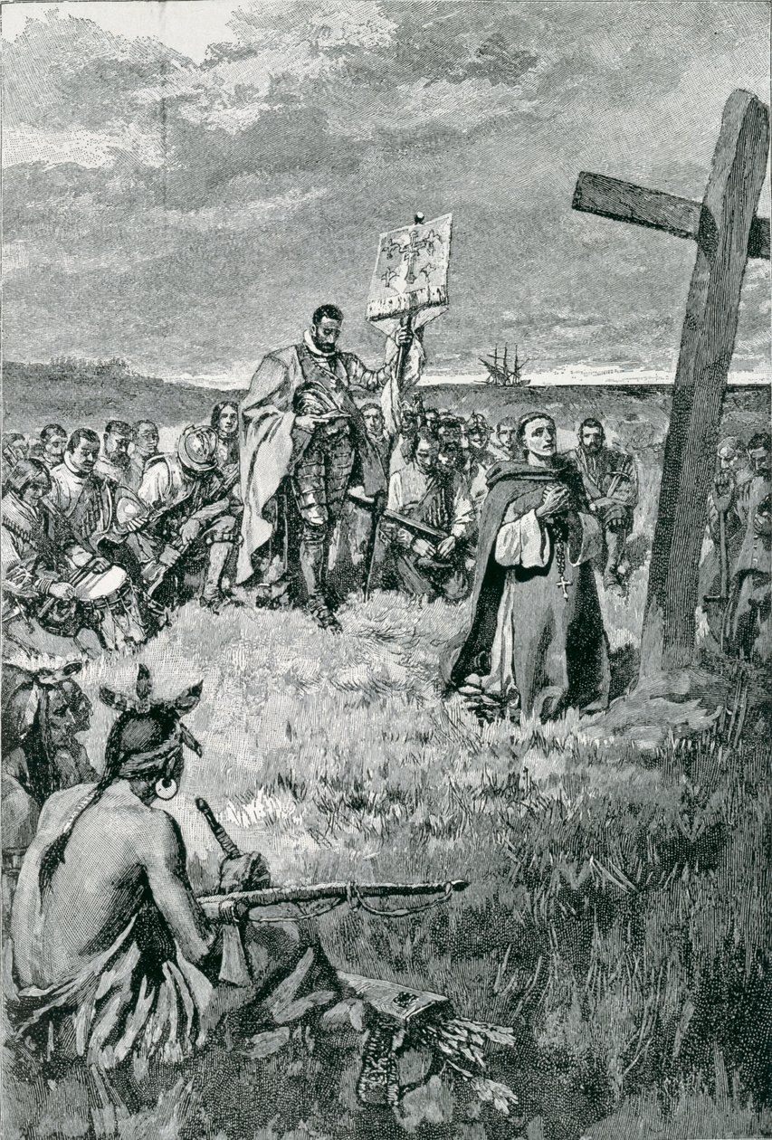 Jacques Cartier (1491-1557) errichtet ein Kreuz in Gaspé, Illustration aus 