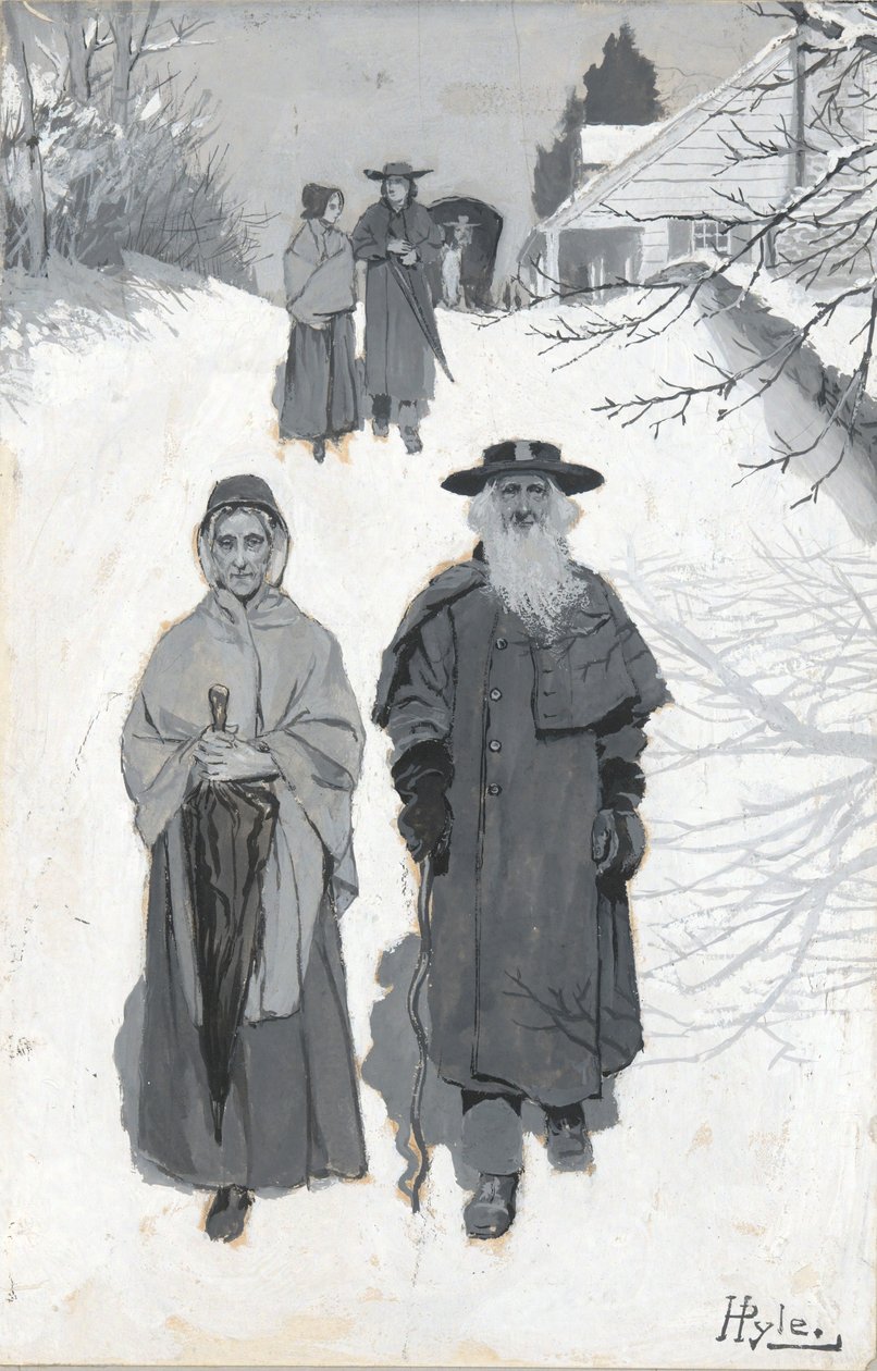 Die Dunkers - Auf dem Weg zum Treffen, Zeichnung einer Illustration, veröffentlicht in Harper von Howard Pyle