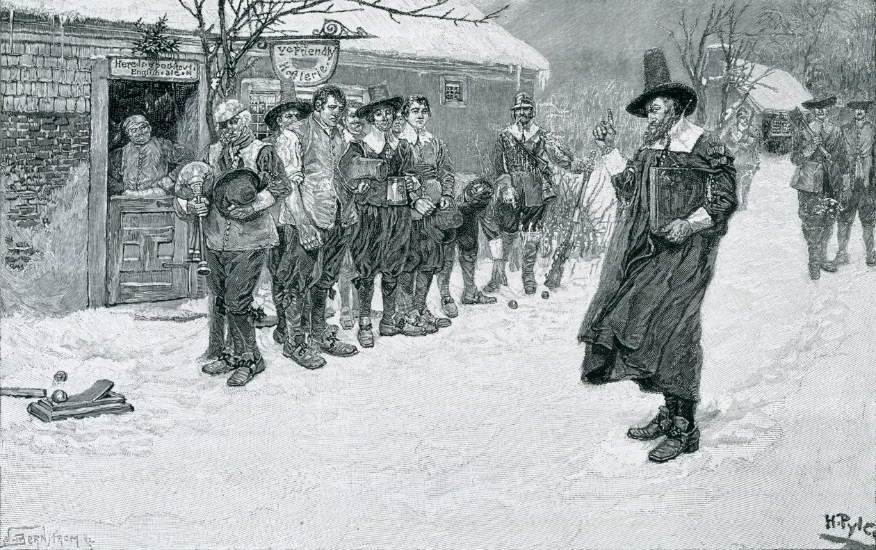 Der puritanische Gouverneur unterbricht die Weihnachtsspiele, graviert von J. Bernstrom, Illustration aus 