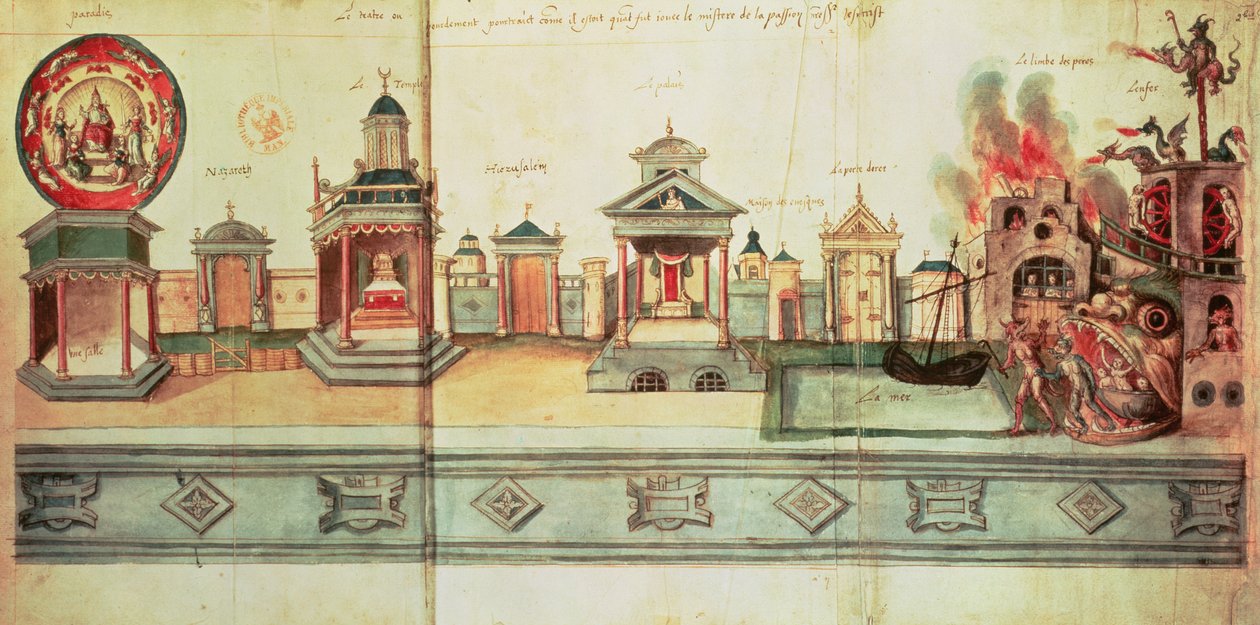 Ms fr.12536 f.2 Die Kulisse für das Mysterium von Valenciennes, 1547 von Hubert Cailleau
