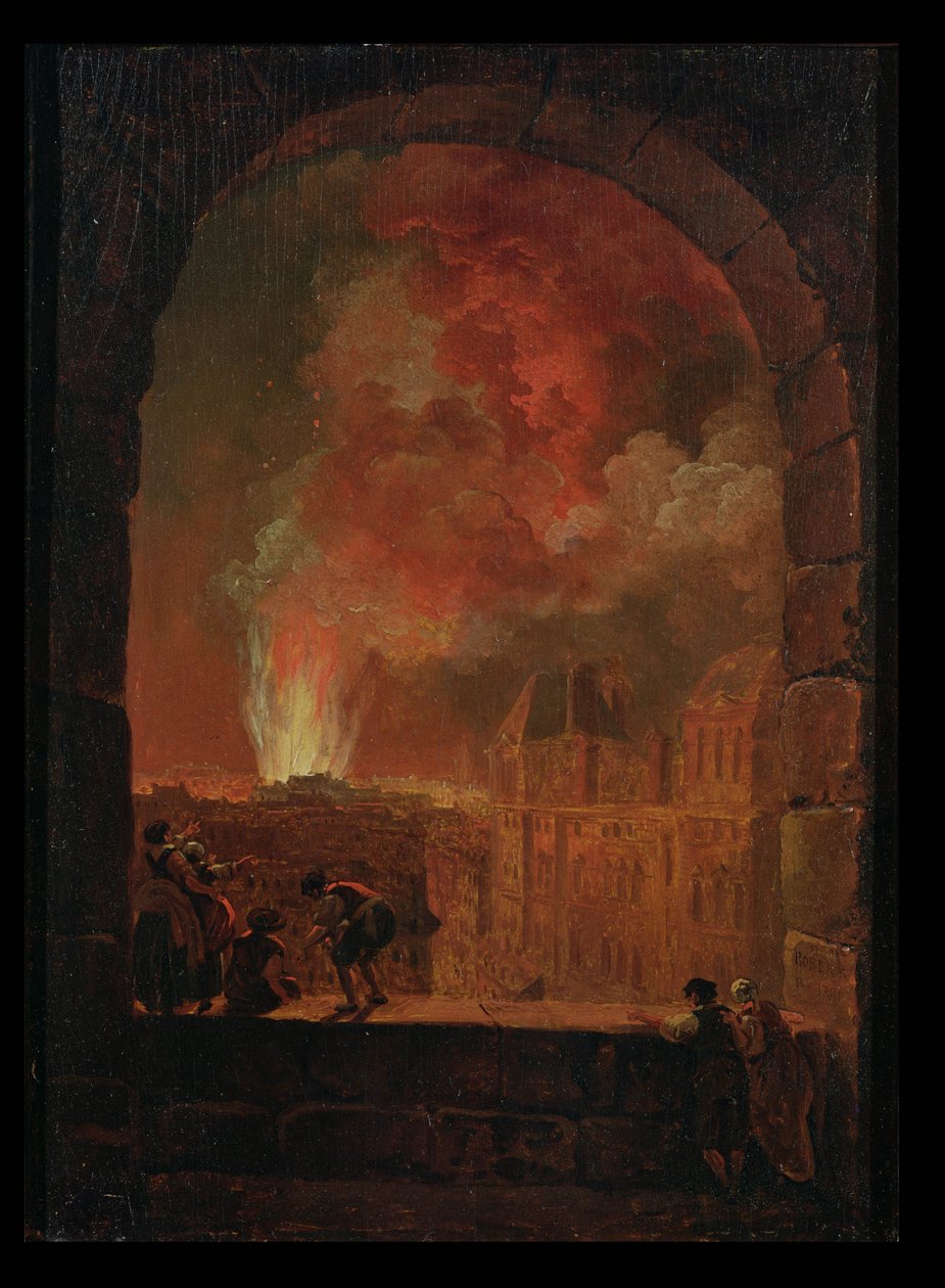 Feuer an der Oper des Palais-Royal, Blick vom Louvre, 1781 von Hubert Robert