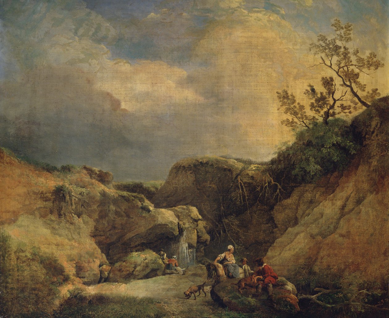 Eine felsige bewaldete Landschaft mit Reisenden, die sich an einem Wasserfall unterhalten von Hubert (circle of) Robert