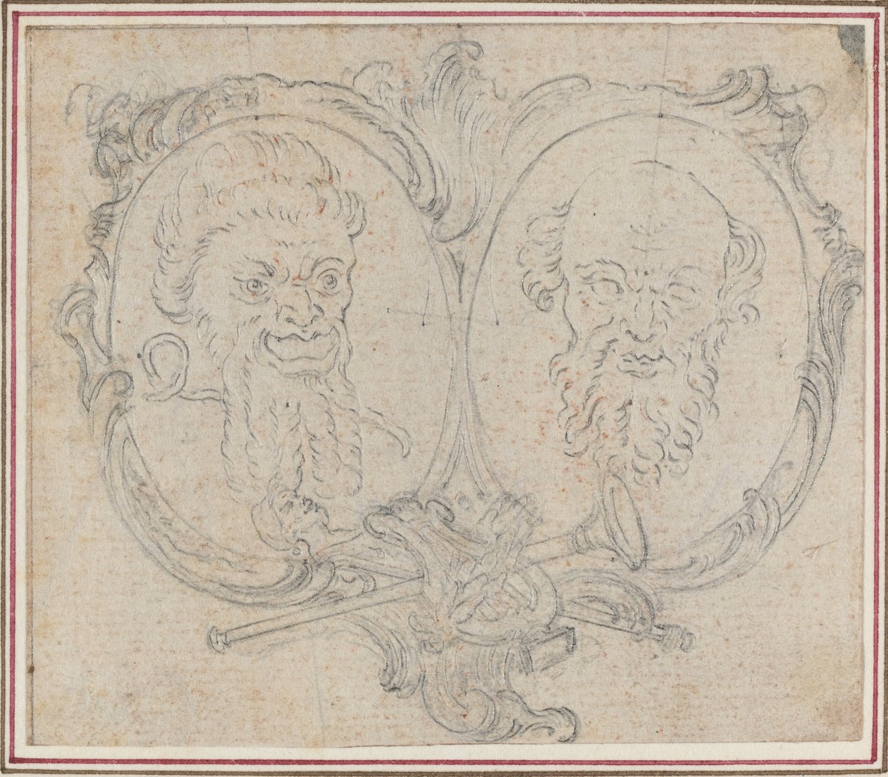 Doppeltes Kartusche mit zwei Köpfen und Symbolen von Ruhm und Torheit von Hubert Francois Gravelot