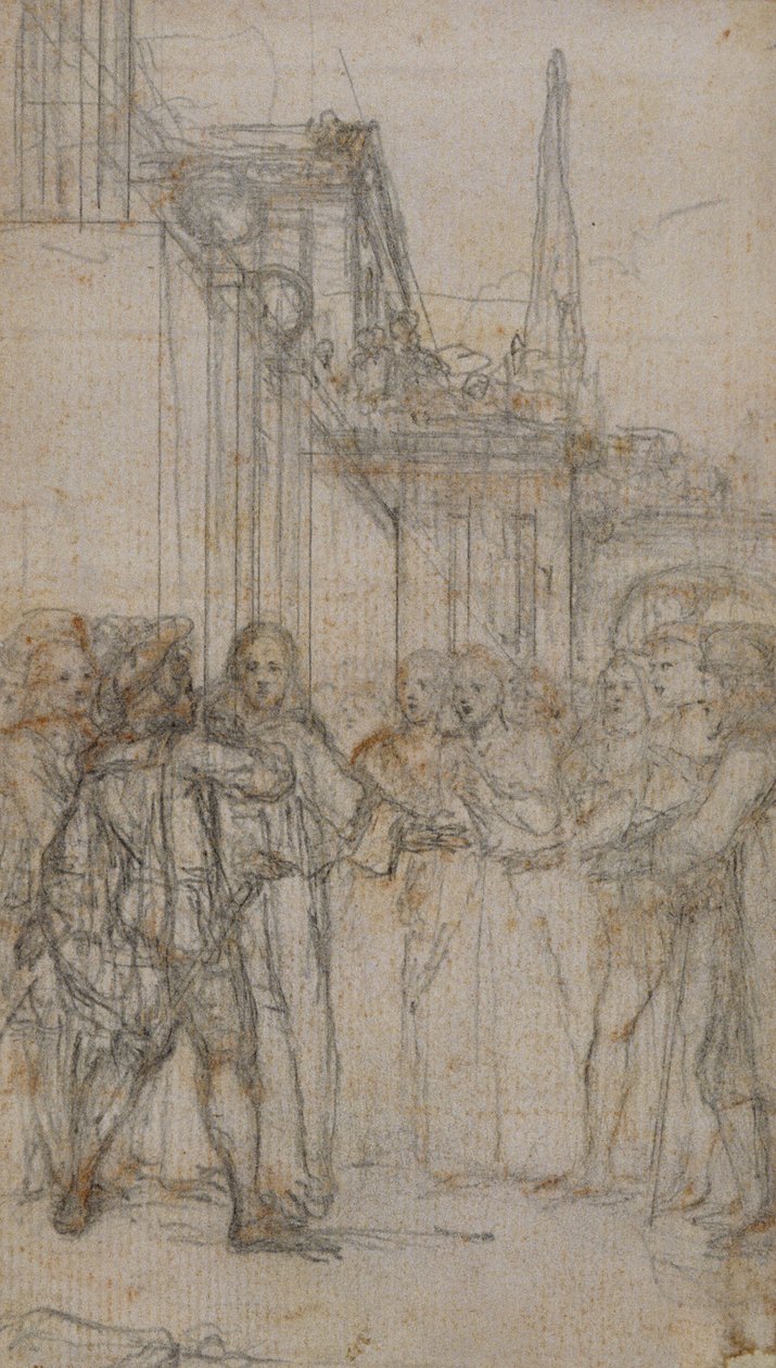 Literarische Illustration: Mann mit Schwert konfrontiert Gruppe von Figuren vor Gebäude von Hubert Francois Gravelot