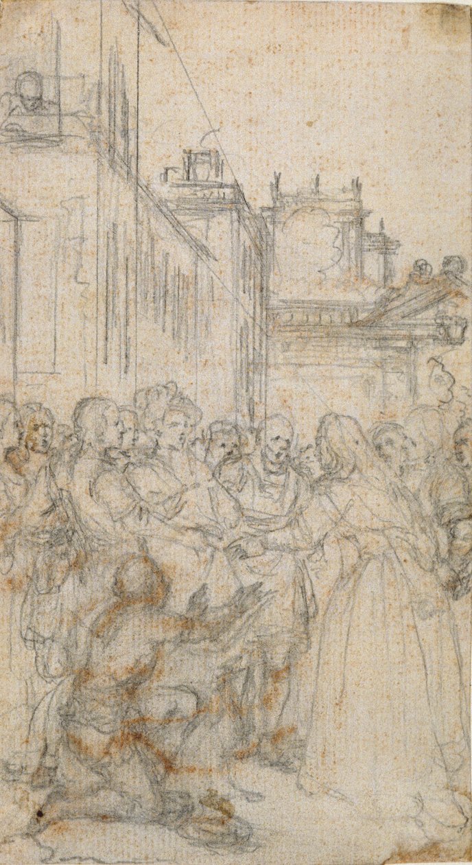 Literarische Illustration mit Gruppe von Figuren, die einen Mann anflehen von Hubert Francois Gravelot
