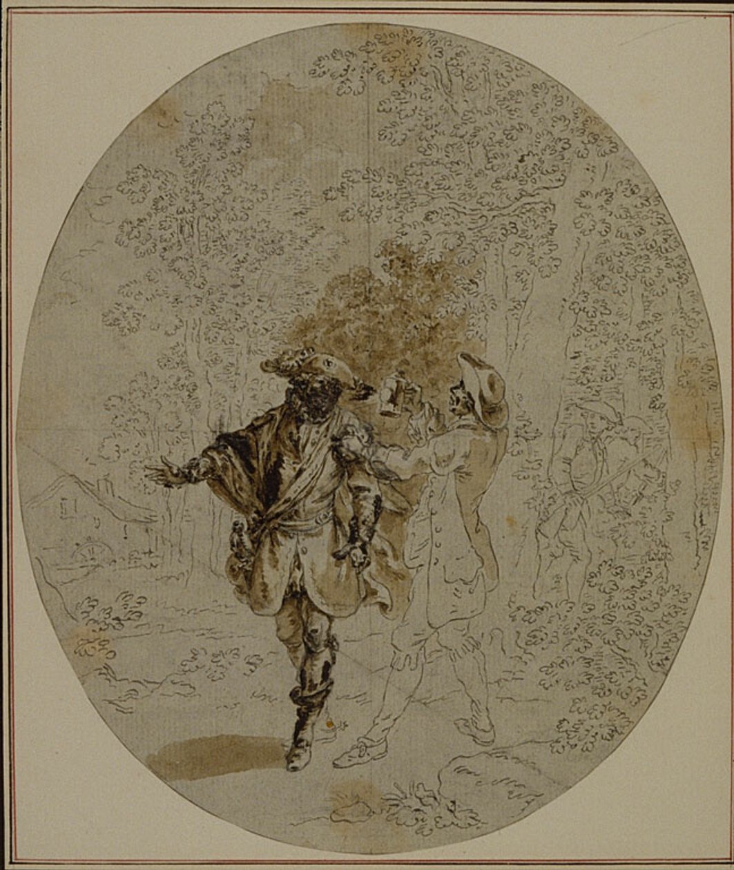 Studie für eine nie veröffentlichte zweite Ausgabe von Colles "La Partie de Chasse de Henri IV", Akt II, Szene 11 von Hubert Francois Gravelot