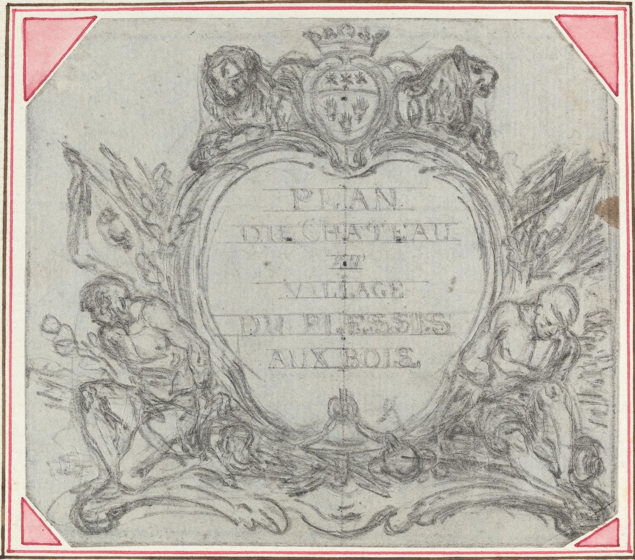 Titelkartusche für eine Karte des Schlosses und Dorfes Le Plessis aux Bois von Hubert Francois Gravelot