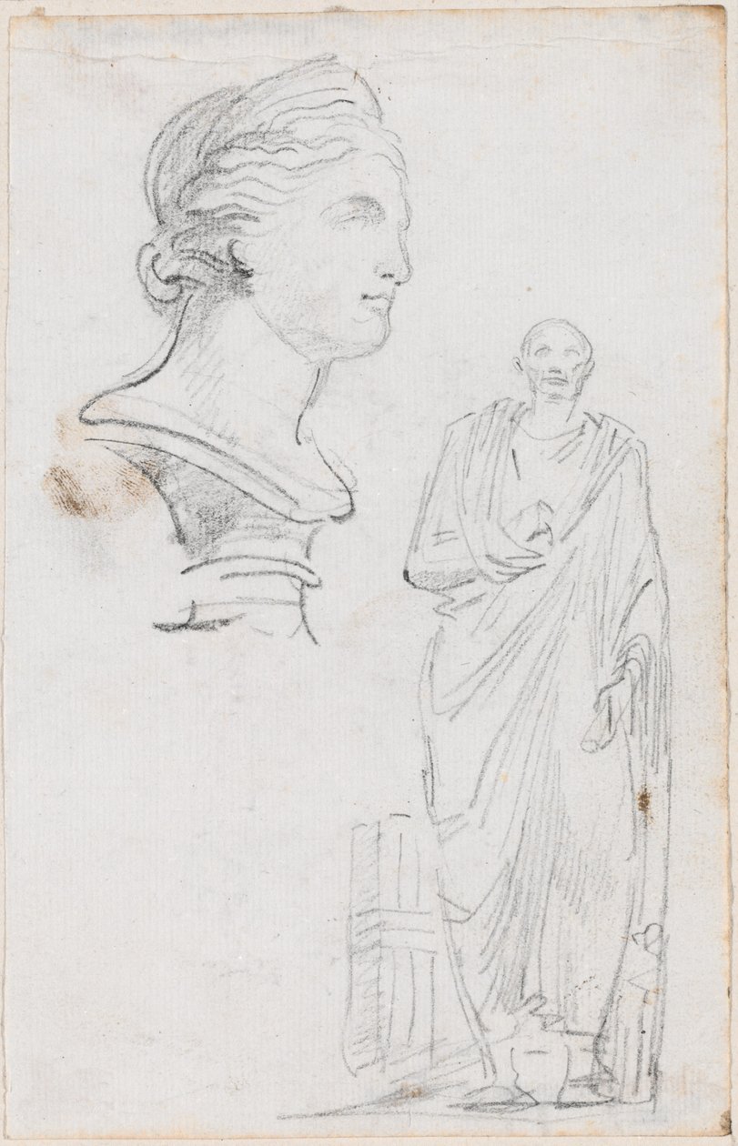 Büste einer römischen Frau und Statue eines römischen Mannes von Hubert Robert
