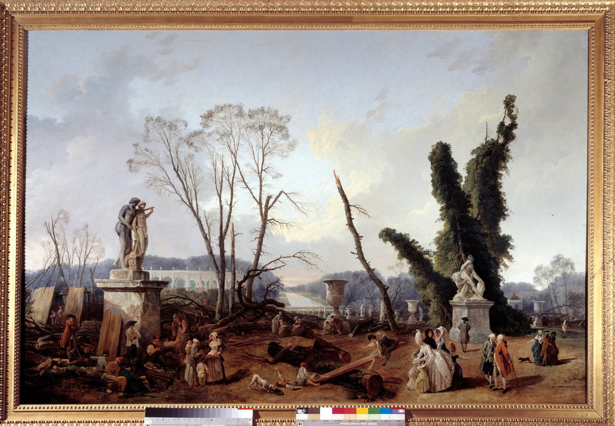 Le Carpet Vert zur Zeit des Baumfällens im Winter 1774-1775 in den Gärten von Versailles (im Vordergrund König Ludwig XVI. und Königin Marie-Antoinette). Der grüne Teppich wird auch die königliche Allee genannt. Gemälde von Hubert Robert (1733-1808) von Hubert Robert