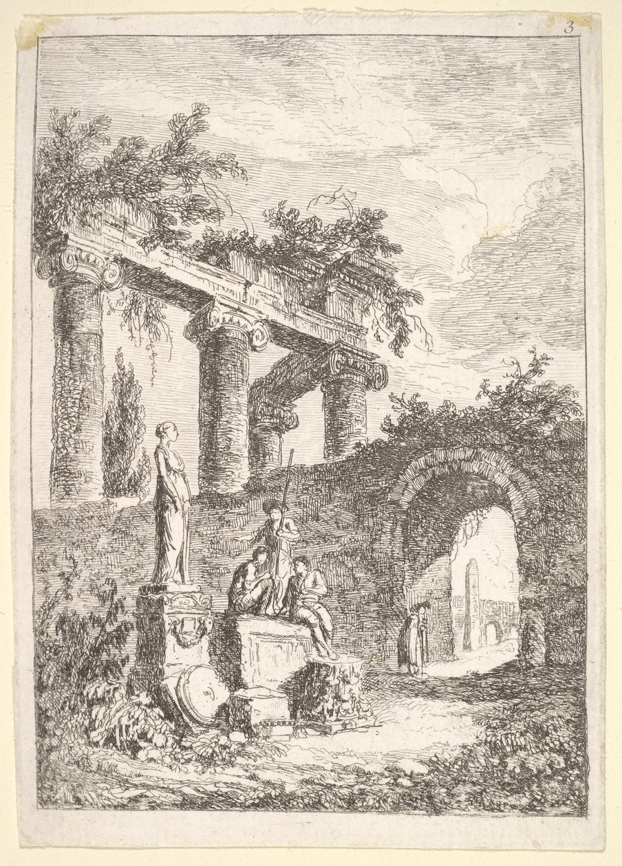 Tafel 3: Die Statue vor den Ruinen: eine Statue links neben drei Figuren auf einem Podest von Hubert Robert