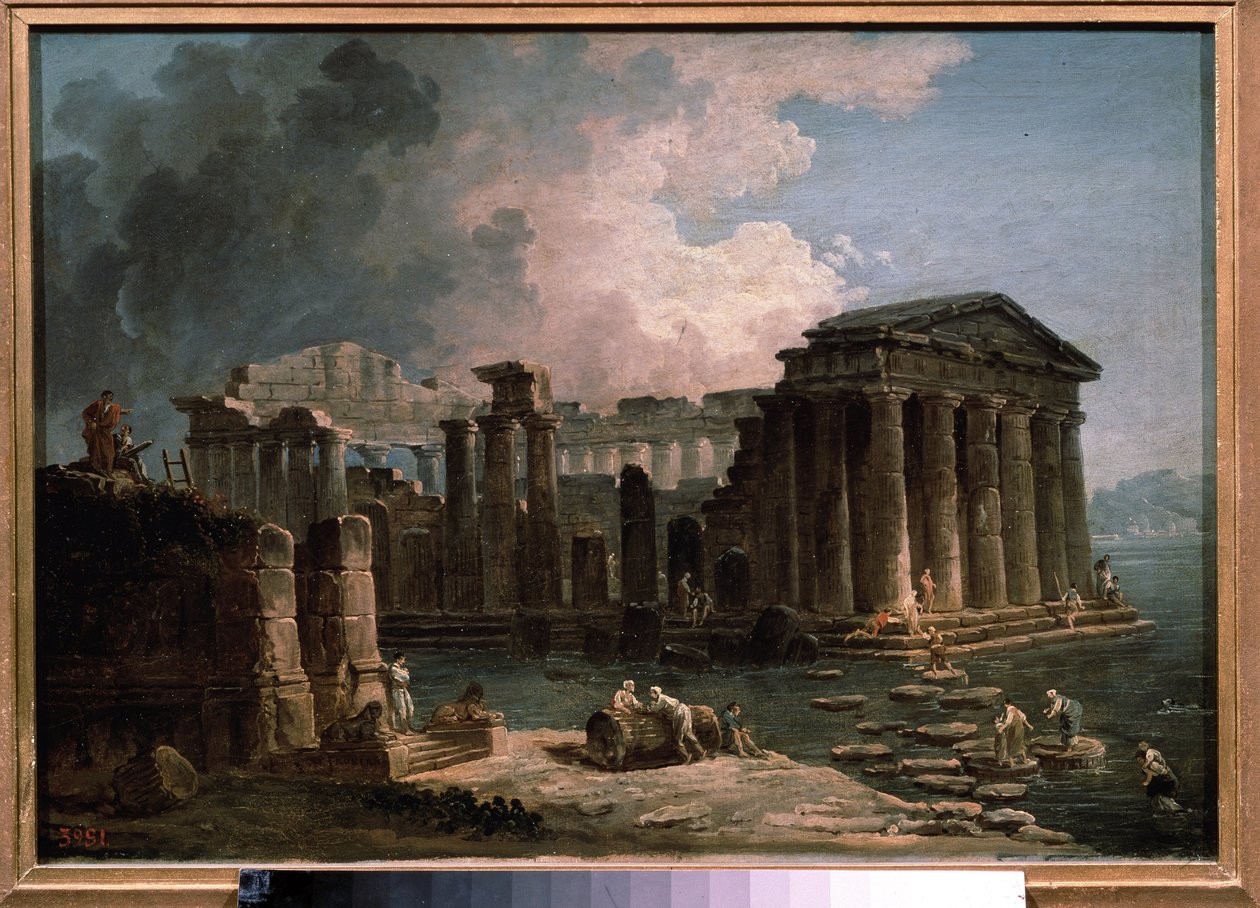 Ein Tempel umgeben von Wasser von Hubert Robert