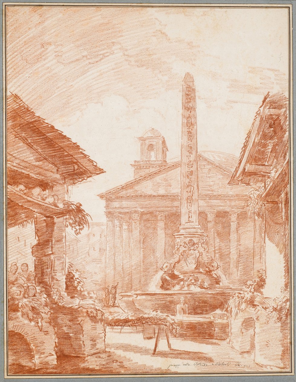 Ansicht der Piazza della Rotonda in Rom mit dem Tritonenbrunnen und der Fassade des Pantheon von Hubert Robert