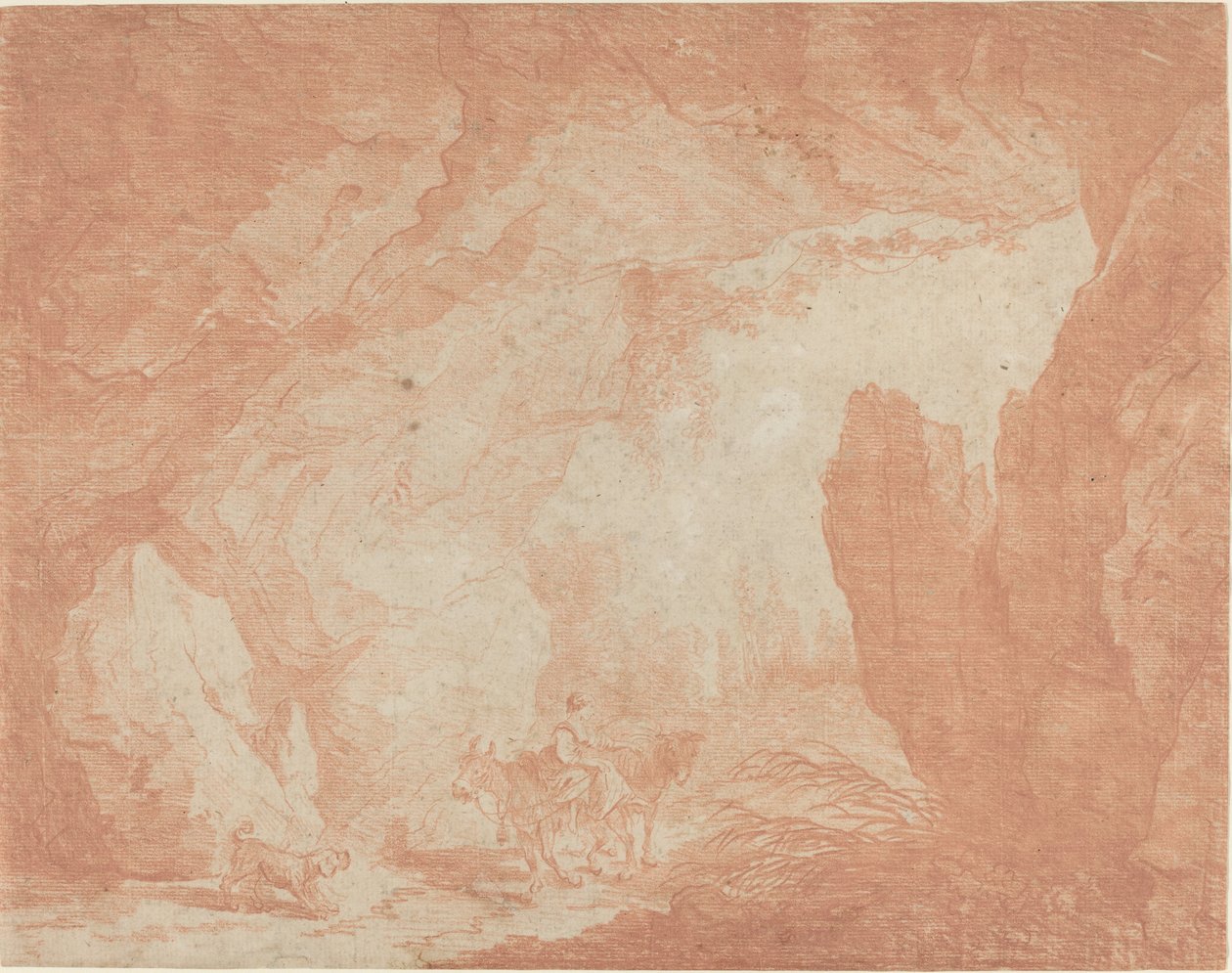 Junge Frau mit Eseln unter einer natürlichen Brücke reitend von Hubert Robert