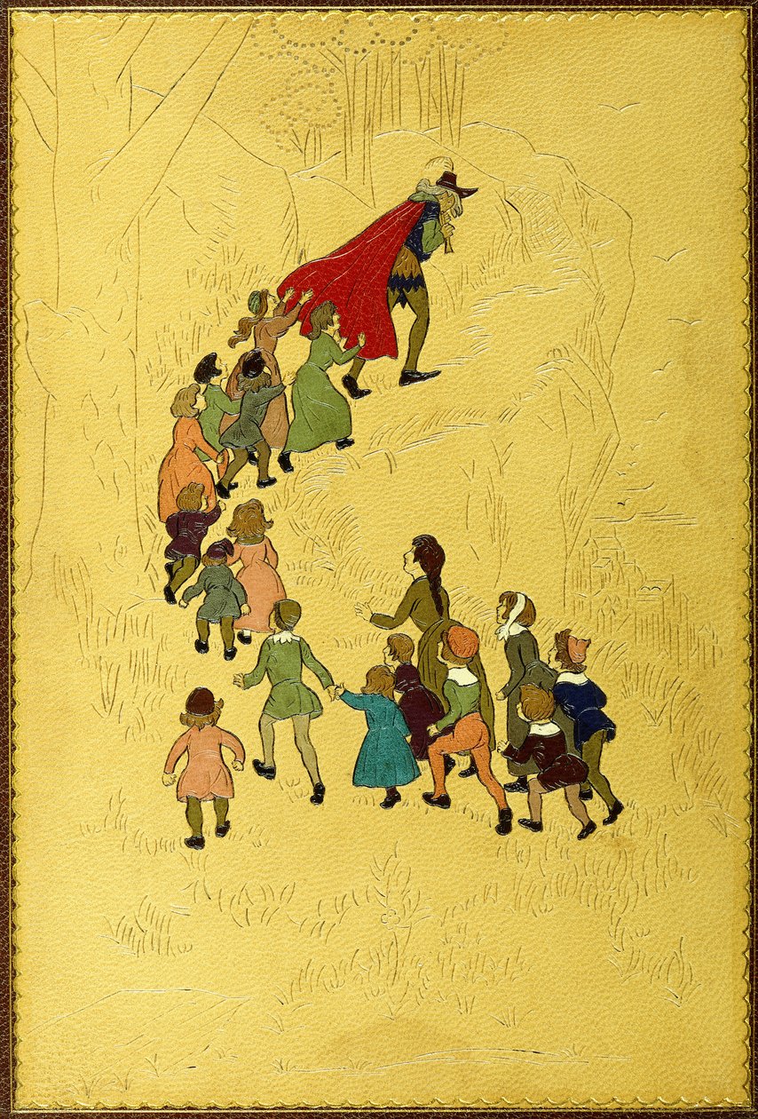 Oberer Einband, mit einer Illustration des Pfeifers, gefolgt von Kindern von Hugh Thomson