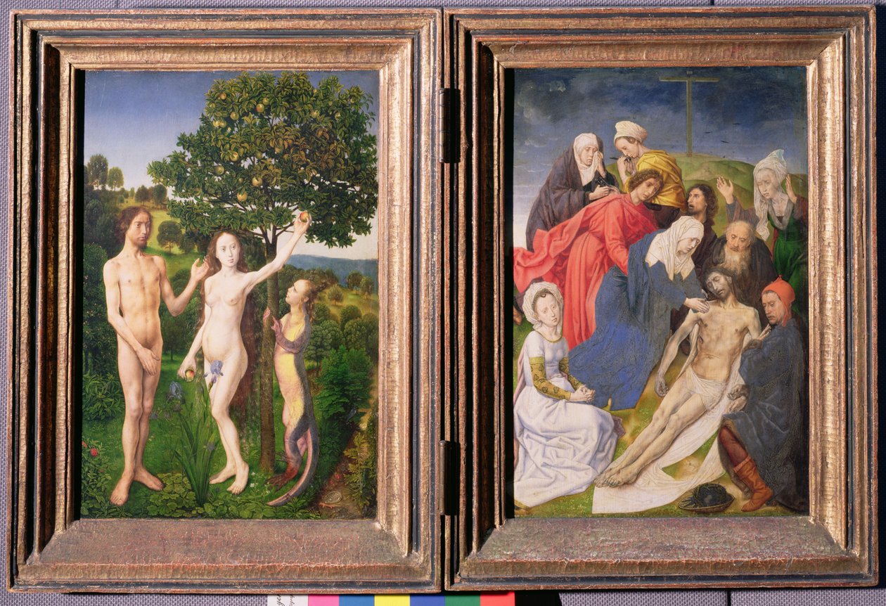 Diptychon: Der Sündenfall (Adam und Eva, Schlange und Apfel) und Kreuzabnahme Jesu (nach 1479) von Hugo van der Goes