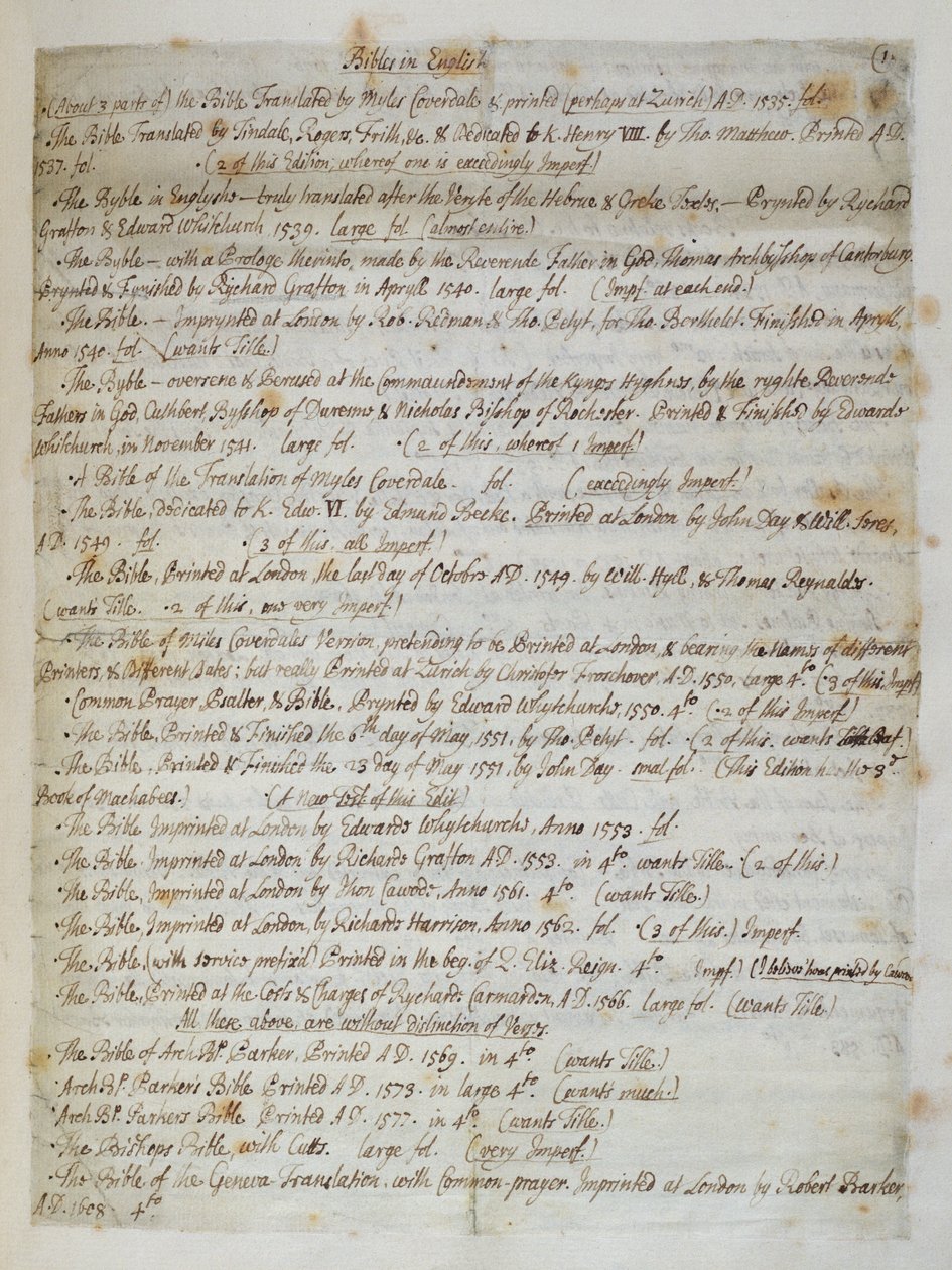 Ms.CF57 Katalog der Bibeln in der St. Pauls Kathedrale, 1707 von Humphrey Wanley