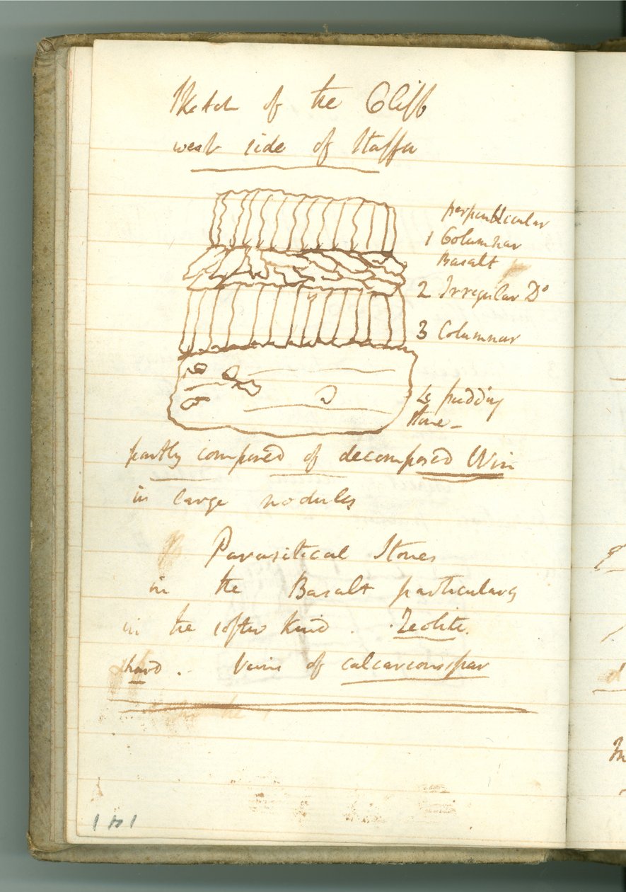 Skizze der Klippe Westseite von Staffa, Seite aus Sir Humphry Davys persönlichem Notizbuch von Humphry Davy