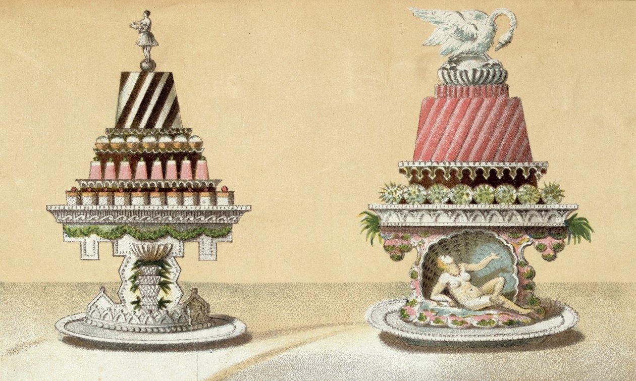 Entwurf für die Präsentation von Charlottes à la Reine & Pain de Framboises à la Leda, Illustration aus einem ungarischen Kochbuch über die französische Küche, ca. 1880 von Hungarian School