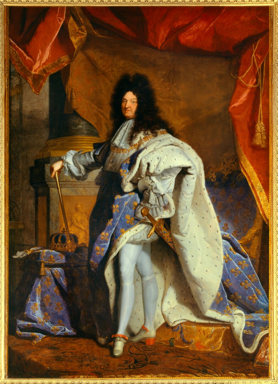 Ganzkörperporträt von Ludwig XIV. (1638-1715) im Alter von 63 Jahren im großen königlichen Kostüm Gemälde aus der Werkstatt von Hyacinthe Rigaud (1659-1743) von Hyacinthe (studio of) Rigaud