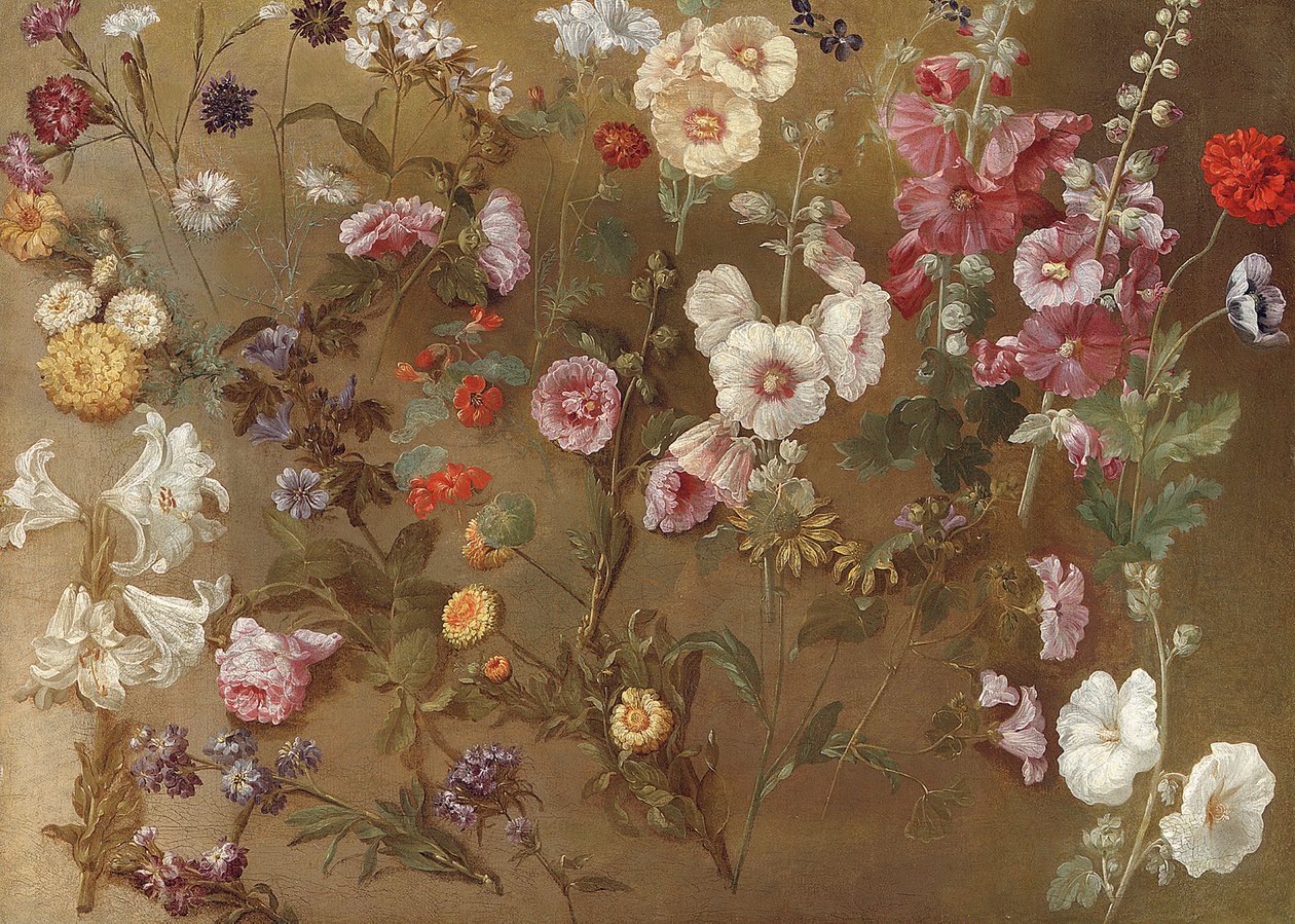 Komposition von Blumenstudien einschließlich Nelken, Skabiosen, Seifenkraut, Malven; Stockrosen, Afrikanische Ringelblumen, Vergissmeinnicht von Hyacinthe Francois Rigaud
