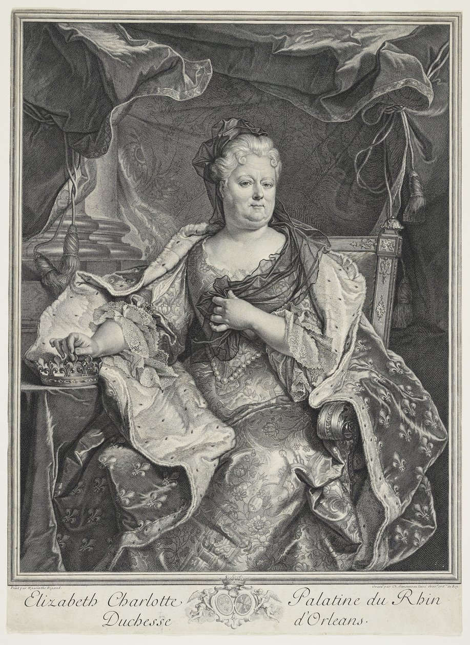 Elizabeth Charlotte Palatine vom Rhein, Herzogin von Orleans, graviert von Charles Louis Simmoneau (1645-1728) von Hyacinthe Francois Rigaud