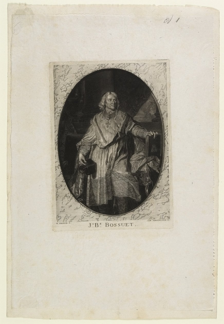 J.B. Bossuet (ganze Figur), graviert von Jean-Baptiste de Grateloup von Hyacinthe Francois Rigaud