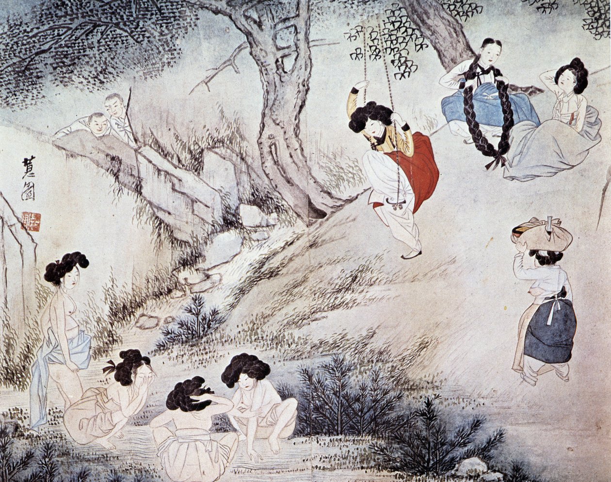 Frauen im Freien (Bad im Fluss und Schaukel) und zwei Männer, die sie beobachten, Kree - von Hye-Wol, Yi-Dynastie von Hyewon
