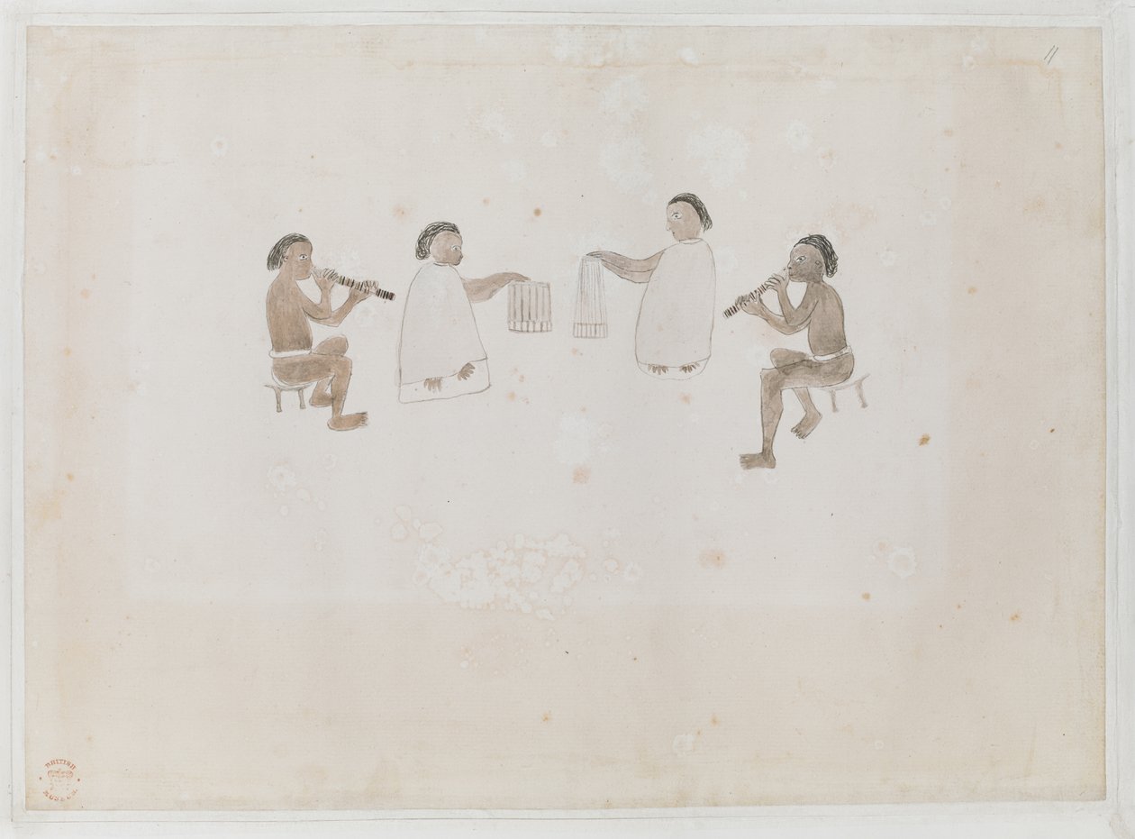Musiker von Tahiti. Vier Tahitianer, zwei im Mare gekleidet, spielen die Nasenflöte; zwei im Tiputa gekleidet, schlagen Trommeln. Aufgezeichnet im Tagebuch von Joseph Banks I, 290 von I. F. Miller
