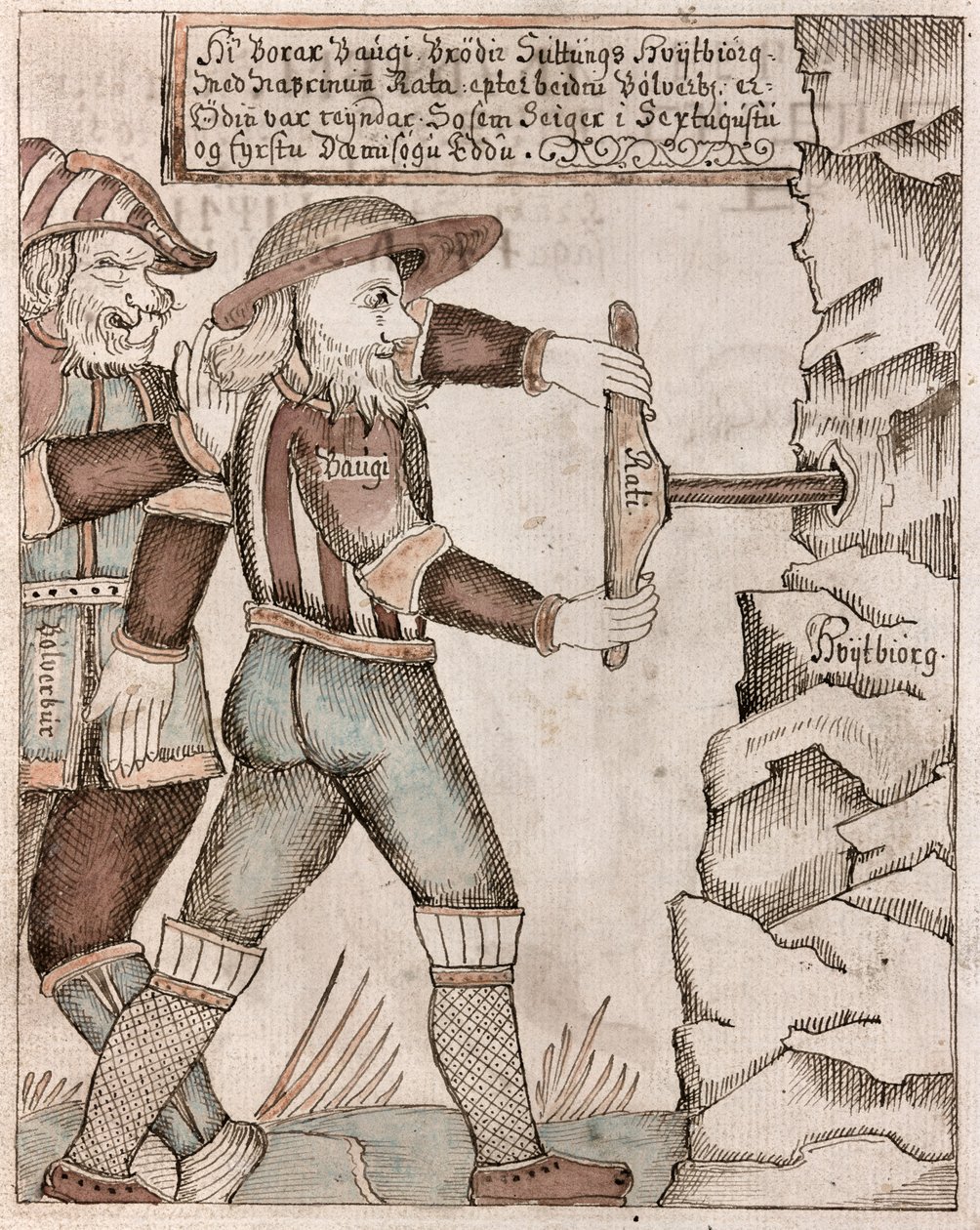 Der Riese Baugi, von Odin überredet, bohrt in die unterirdische Kammer seines Bruders Suttung, wo der Met der Dichter versteckt ist von Icelandic School
