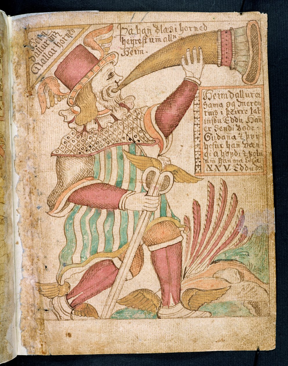Heimdal bläst sein Horn vor Ragnarok, aus Melsteds Edda (Feder & Tinte und Aquarell auf Papier) von Icelandic School
